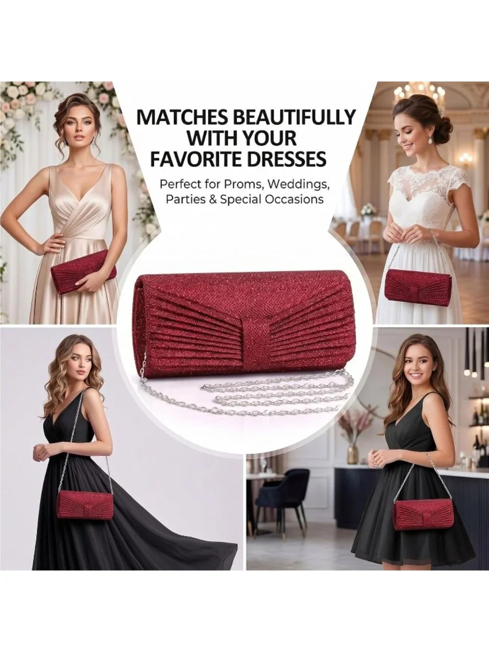 👜 Women's Red Wedding Bag Sparkling Party Handbag with Detachable Chain Purse